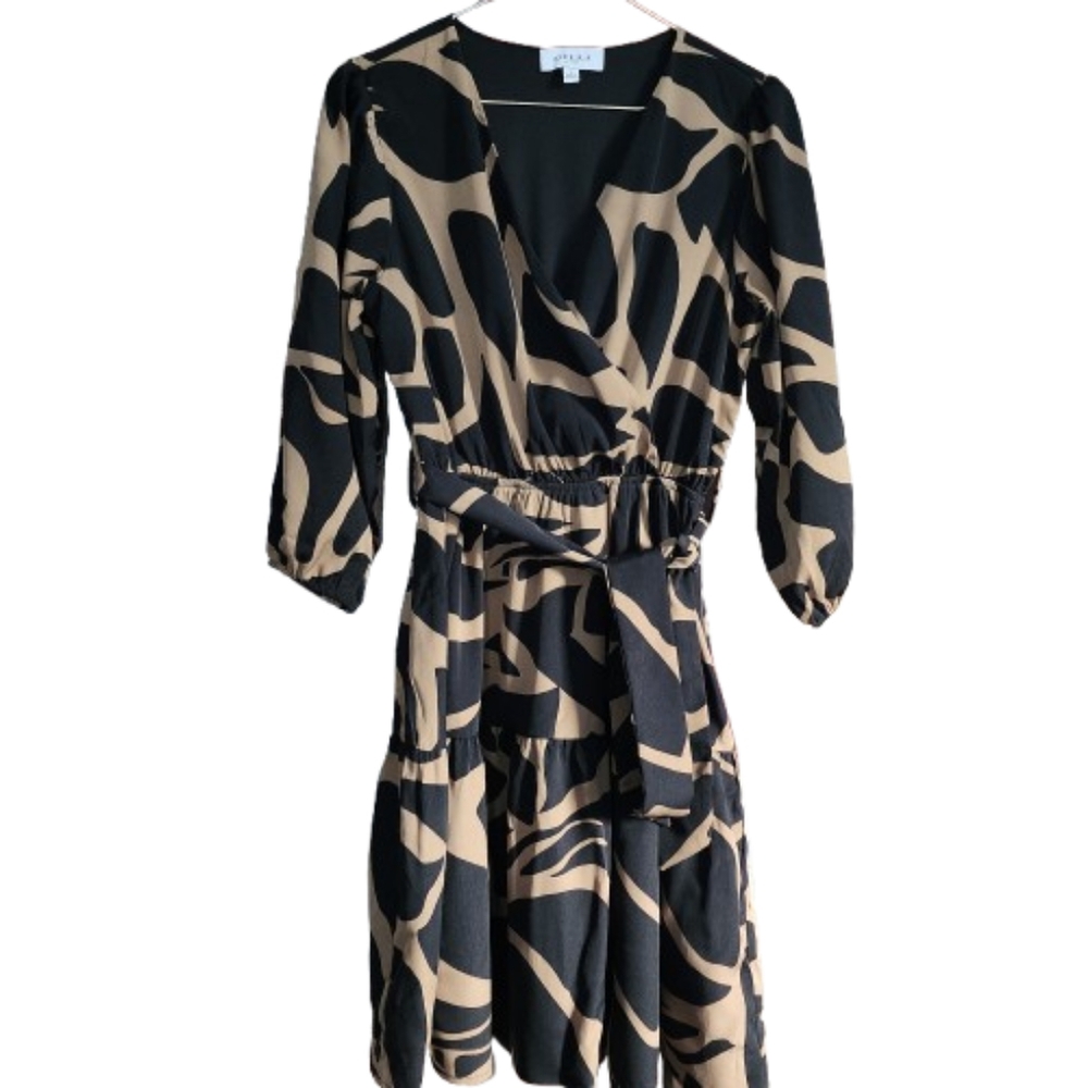 Womens SP Gilli Animal Print Black & Tan Patterned Long Puff Sleeve Tiered Dress